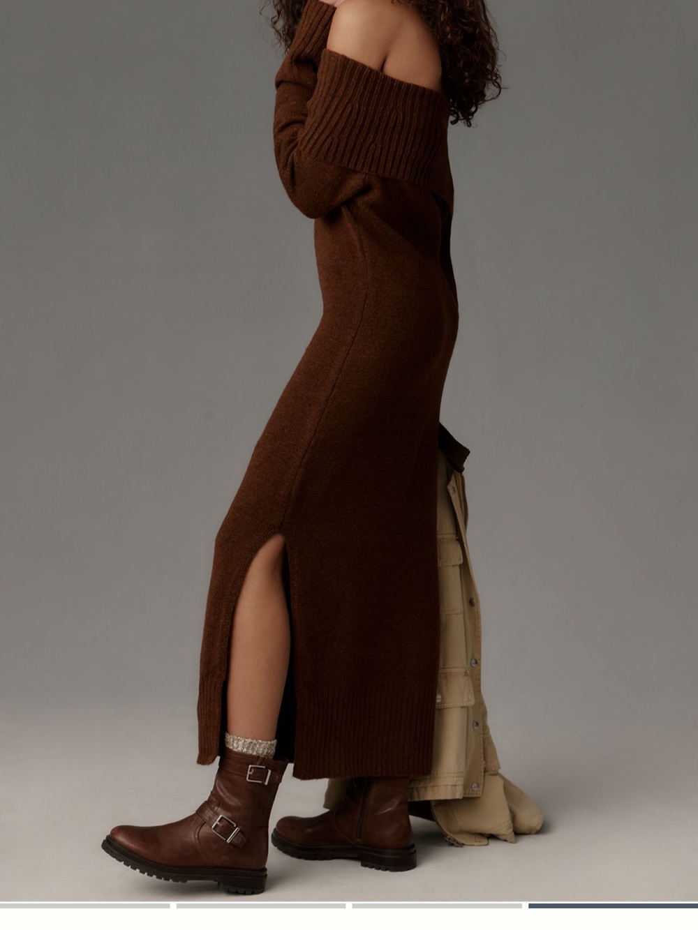 Daily Practice Off-Shoulder Knit Maxi Dress in Rich Brown-Anthropologie